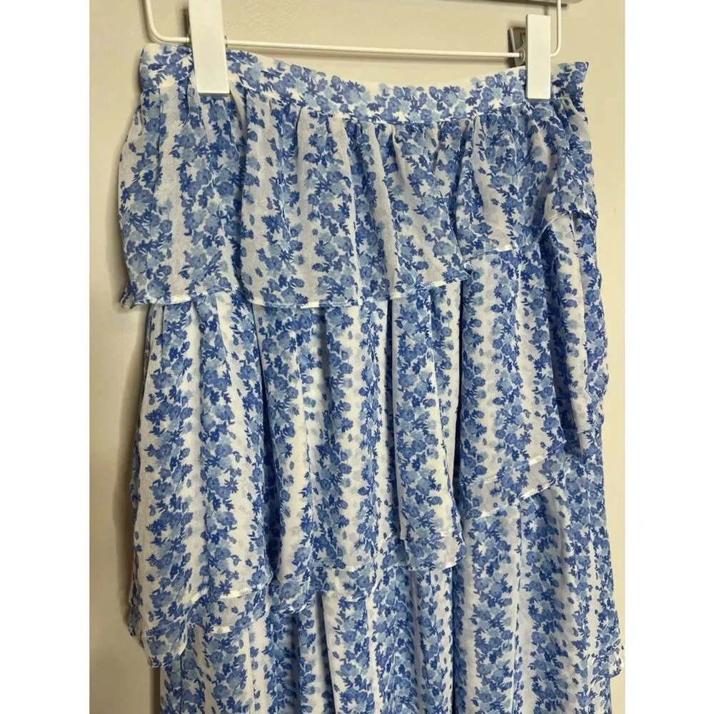 $275 Misa Asymmetrical tired maxi skirt in blue floral print NWT XS